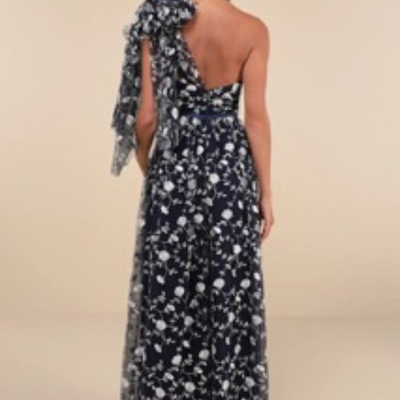 Lulu's Whimsical Allure Navy Mesh Embroidered One-Shoulder Maxi Dress - Picture 5 of 10